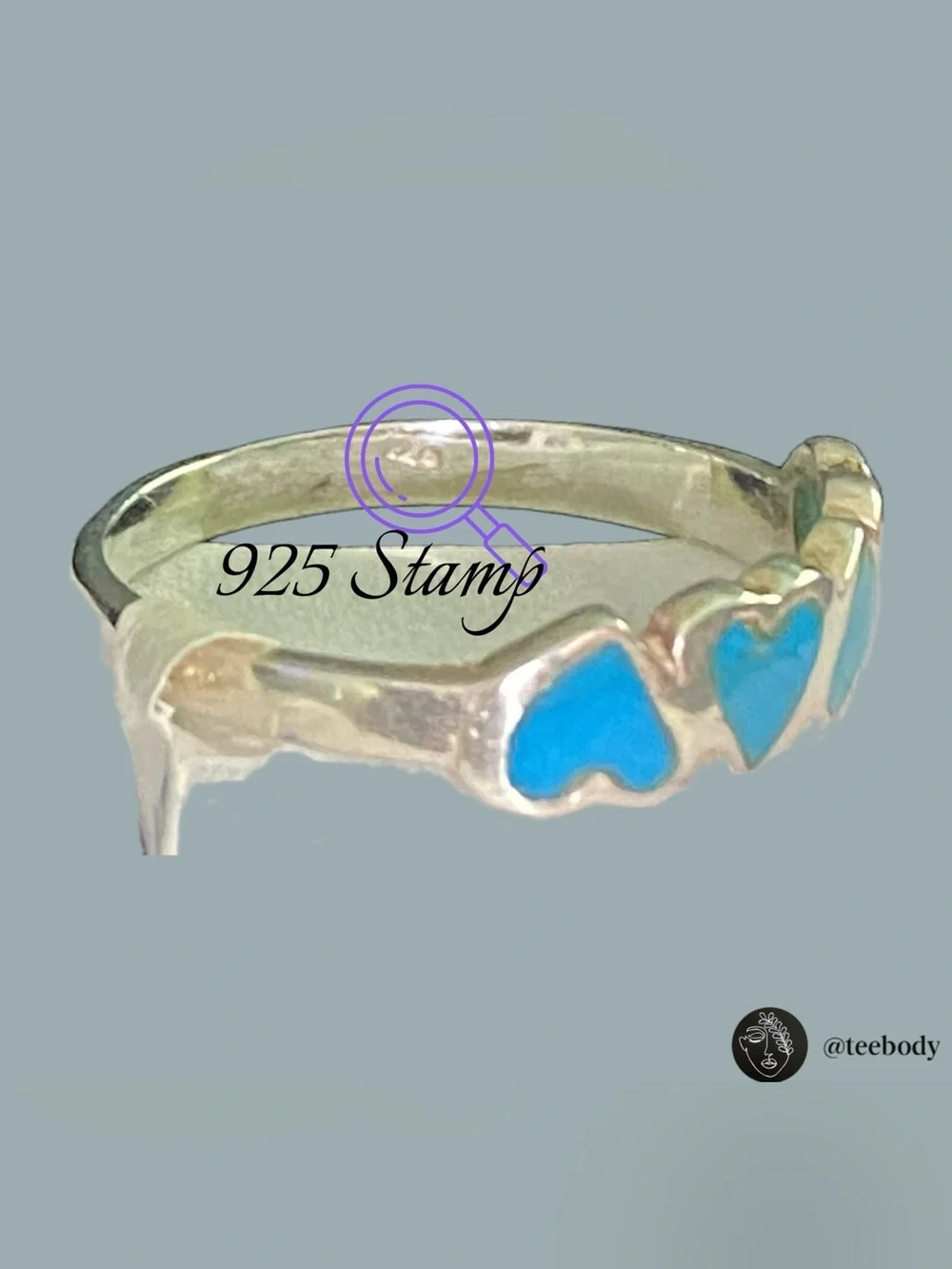 VTG Navajo Turquoise Sterling Silver 4 Hearts Inlay Band Ring NWT Size 7